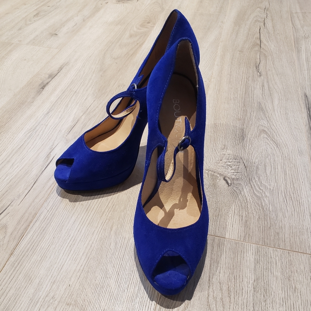 Electric Blue Suede Peep-Toe Heels